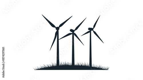 Three Wind Turbines Silhouette Against White.
