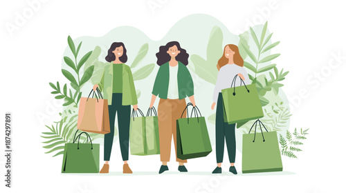 Three Women Holding Green Shopping Bags.