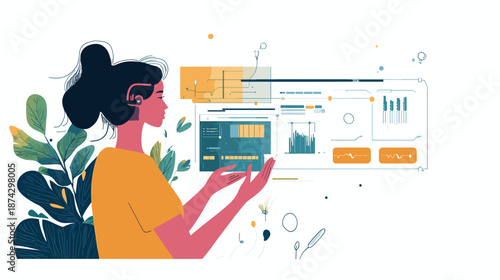 Woman interacting with digital dashboard interface.