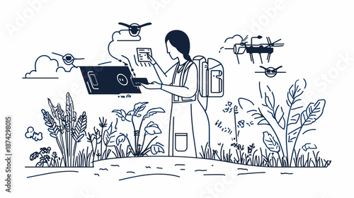 Woman in lab coat using laptop outdoors.