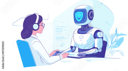 Woman Interacting with Humanoid Robot Assistant 1.