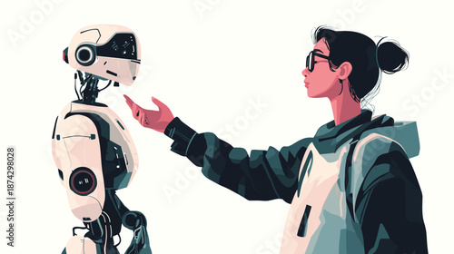 Woman Interacting with Humanoid Robot Assistant.