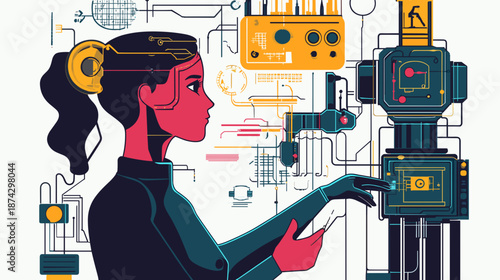 Woman Interacting with Robotic Machine Illustration.
