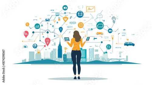 Woman surrounded by digital icons and cityscape.