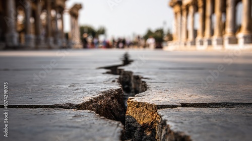 Wallpaper Mural Cracks run through ancient pavement near stone alignments and columns with visitors walking in the background, highlighting the passage of time. Torontodigital.ca