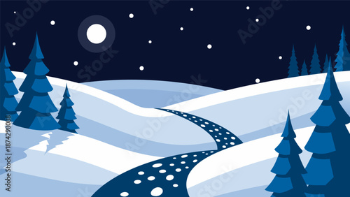 Winter landscape vector illustration with snow-covered trees and a starry night sky and moon