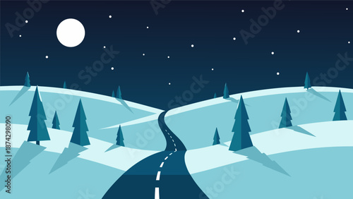 Winter landscape road vector illustration with snow covered hills and evergreen trees under a moonlit starry night sky