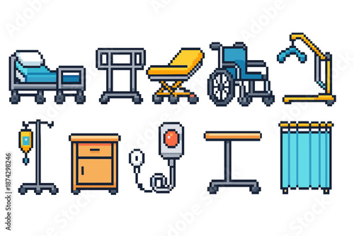 Hospital equipment pixel art icon set: wheelchair, bed, iv stand, medical flat icons