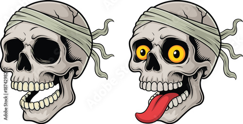 Funny cartoon pirate skull illustration with blindfold crazy eyes tongue out spooky comic character vector design for halloween sticker branding