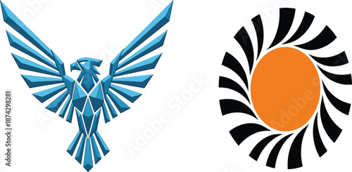 Geometric Blue Eagle Bird and Artistic Sun Icon Set for Corporate Branding Creative Logo and Energy Identity Design.