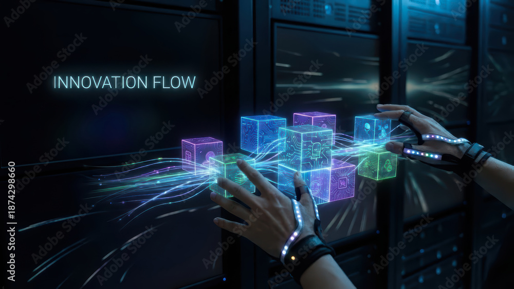 Fototapeta premium Digital innovation flow human connection with glowing technology blocks in the future environment
