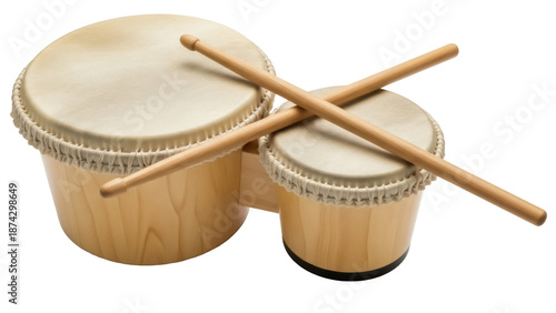 Fotografija Pair of wooden bongo drums with drumsticks isolated PNG, percussion instrument f