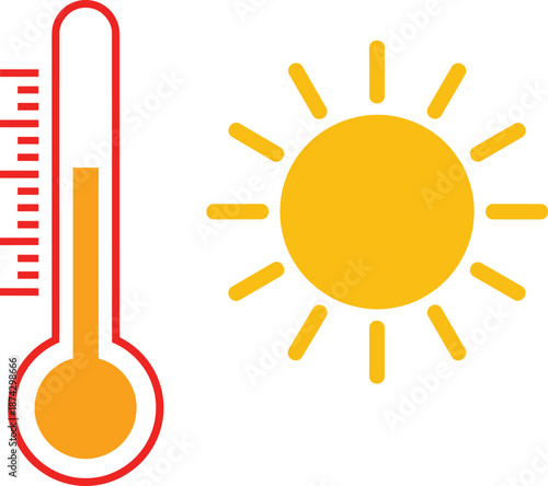 Hot weather temperature icon with thermometer and sun symbols, summer heat climate concept flat vector illustration