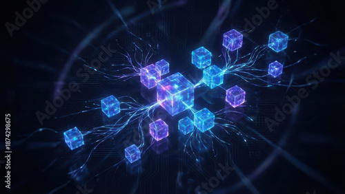 Innovative connection with digital technology glowing data blocks in futuristic environment