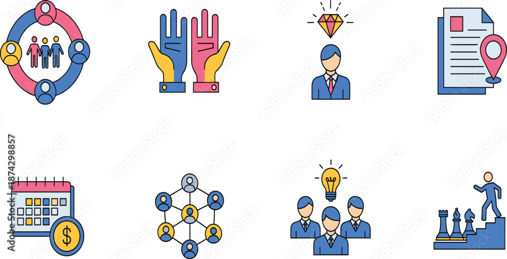 Fototapeta premium Set of Business Networking and Team Management Icons Featuring Strategy Idea Planning and Financial Success Graphics.