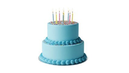 Two-tiered blue birthday cake with candles isolated PNG, festive dessert for celebration on transparent background