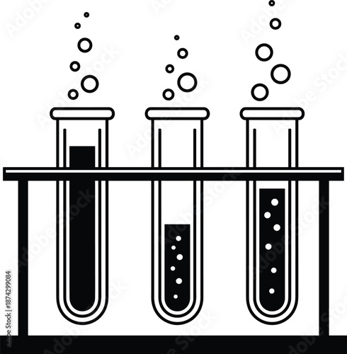 Laboratory test tubes rack illustration with bubbling liquid, scientific experiment and chemistry research flat vector design
