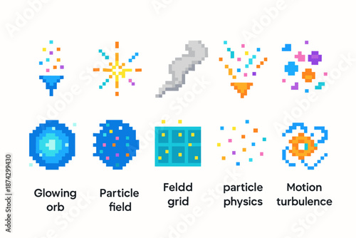 Particle physics pixel icon set. Glowing orbs and motion turbulence icons collection