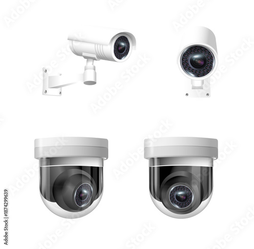 Security cameras on modern building. Professional surveillance camera. Security system, technology concept. Video equipment for safety system area control. Vector