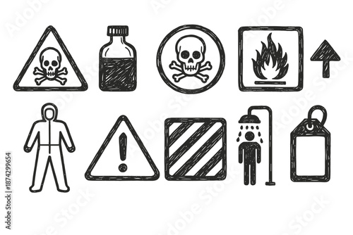 Safety and hazard warning icon set. Protective, caution outline icons collection.