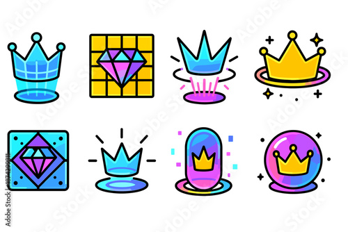 Crown and jewel icon set. Royal, luxury symbols in vibrant filled style