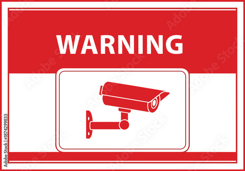 Warning CCTV surveillance sign with security camera icon, video monitoring notice and safety alert flat vector illustration