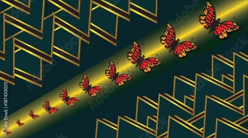 Luxury art deco butterfly pattern with golden geometric accents on dark green background.