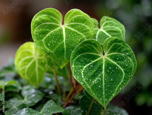 Close-up of vibrant green Anthurium crystallinum leaves with water droplets.