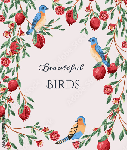 Botanical frame with bluebird and pomegranate plant branch