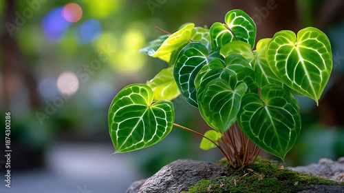 Close-up of vibrant green Anthurium crystallinum plant leaves.