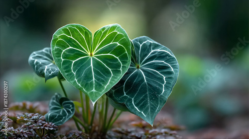 Close-up of vibrant green Anthurium crystallinum plant leaves.