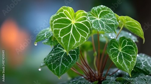 Close-up of vibrant green Anthurium crystallinum plant leaves with water droplets.
