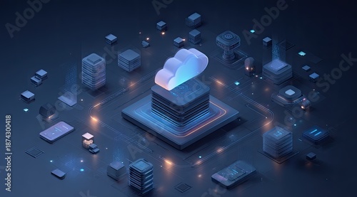 Wallpaper Mural Futuristic digital illustration of a glowing cloud symbol atop a server, surrounded by data elements Torontodigital.ca