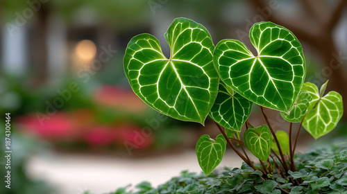 Close-up of Vibrant Green Anthurium Plant Leaves.