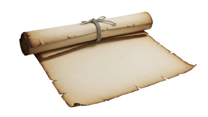 Old paper scroll PNG isolated on transparent background, antique parchment with rope for historical documents and treasure maps