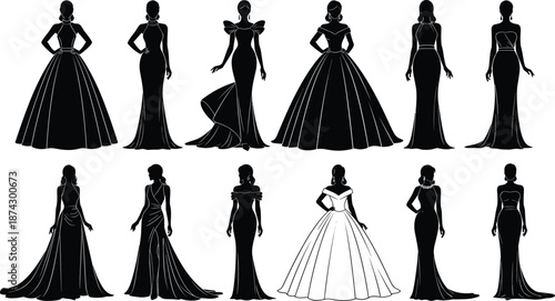 Women evening gown silhouettes, fashion design illustration, elegant dress styles, formal wear vector art, gala wedding party clothing inspiration
