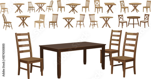 Wooden chairs and tables, furniture design, interior decor, dining setup, rustic wood, home furnishing, seating styles, product comparison