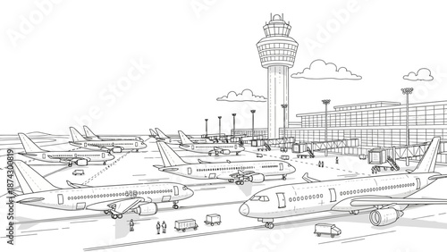Detailed Black and White Airport Illustration Featuring Multiple Airplanes and Control Tower
