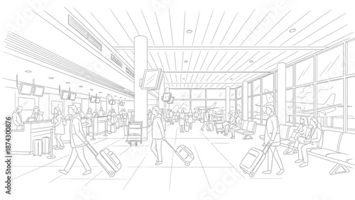 Line Art Illustration of Airport Terminal with People and Luggage