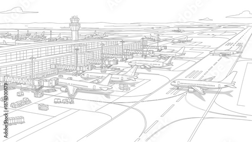 Detailed Line Art Illustration of Busy Airport Scene with Airplanes