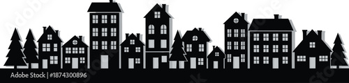 Neighborhood silhouette illustration, row of houses, conifer trees, black and white, urban scene, minimal design, rooftops, chimneys, windows, contrast