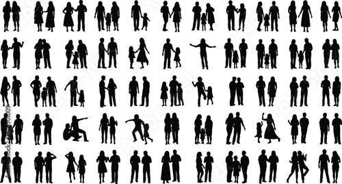 People silhouette collection, group interaction poses, family figures, social behavior illustration, human design vector art, walking standing embracing