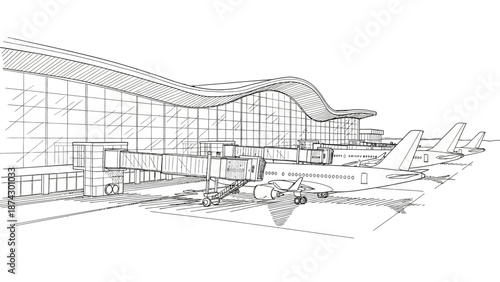 Detailed Black and White Sketch of Modern Airport Terminal and Airplanes