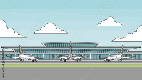 Cartoon Airport Terminal with Three Airplanes on the Tarmac