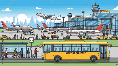 Yellow Airport Shuttle Bus with Passengers, Cartoon Illustration, Transportation.