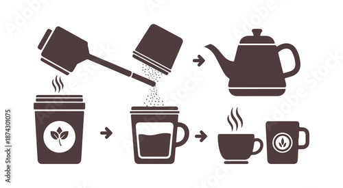 Step to prepare instant powder beverages such as collagen, instant tea, cocoa, coffee, and milk, shown in a vector illustration.
