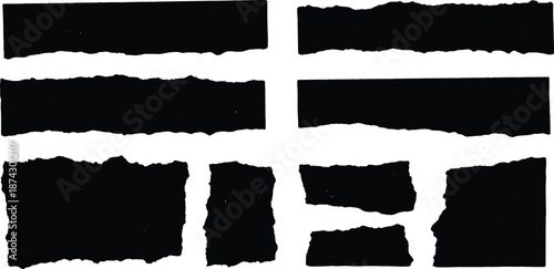 Torn black paper strips with rough isolated on transparent background. Dynamic collection of torn paper strips black.	