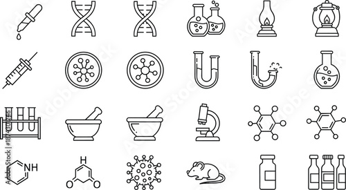 Science icon set, laboratory tools, chemical symbols, research equipment, black and white vector, medical elements, molecular structure, editable design