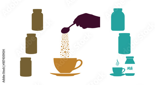 Step to brew instant powder drinks like collagen, instant tea, cocoa, coffee, and milk, illustrated in a vector design.
