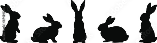 Black rabbit silhouettes collection, cute bunny wildlife animal vector illustration set, sitting and standing poses isolated on white background